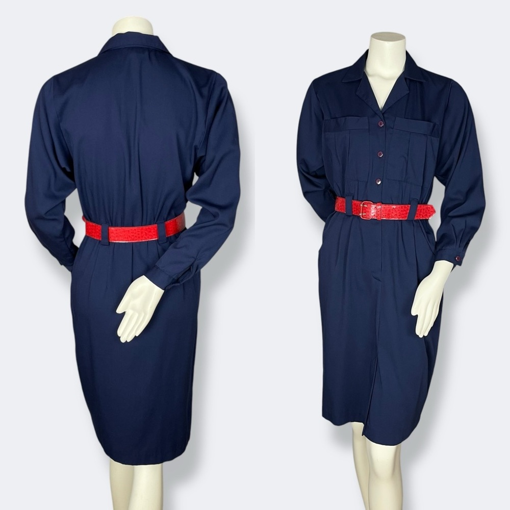 Vintage Taurus II Dress 1970s Navy Blue‎ Red Belt Long Sleeves Button-Up Office